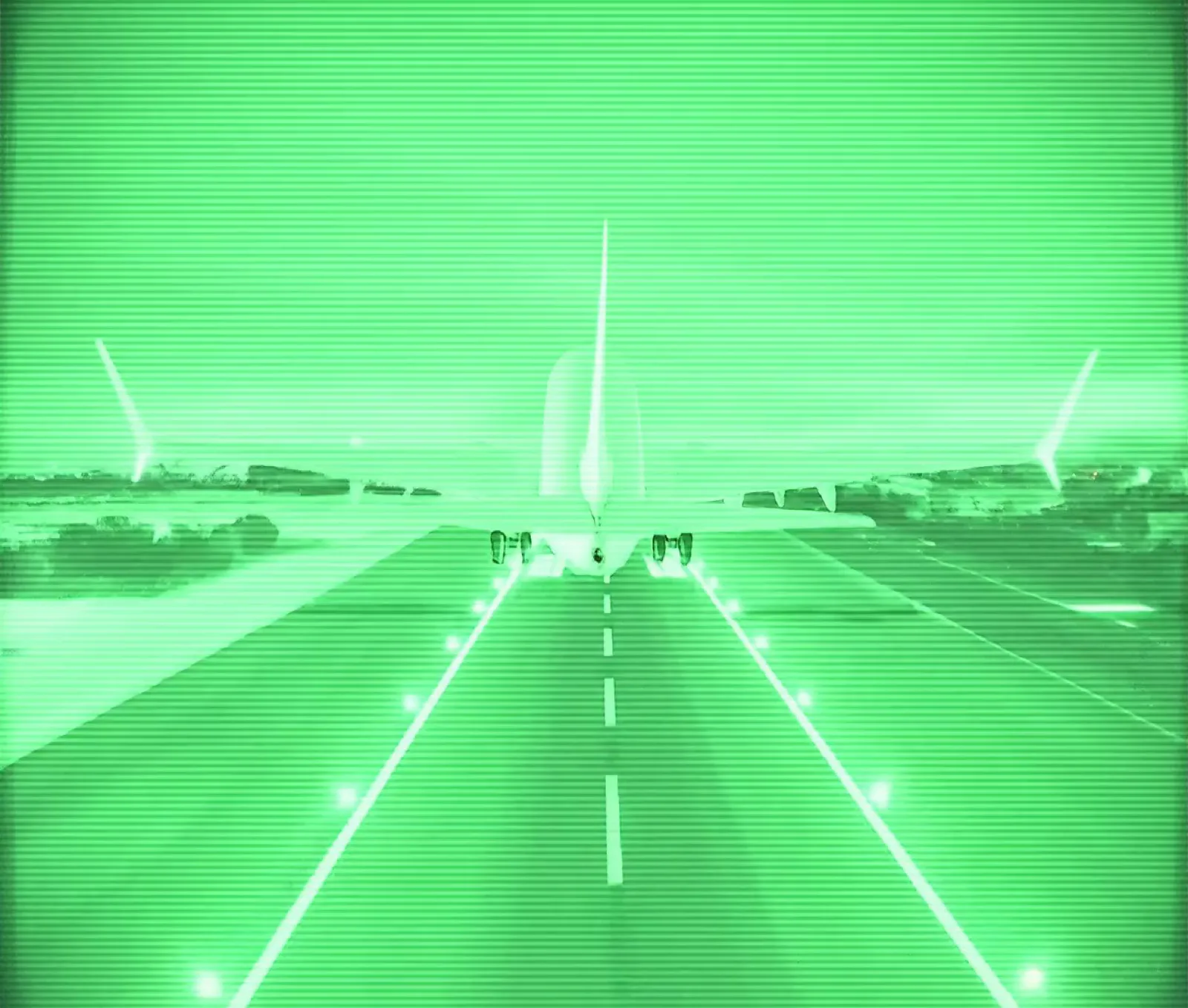 FMC TYPER take-off cinematic: a 737 rolling down the runway in green phosphor